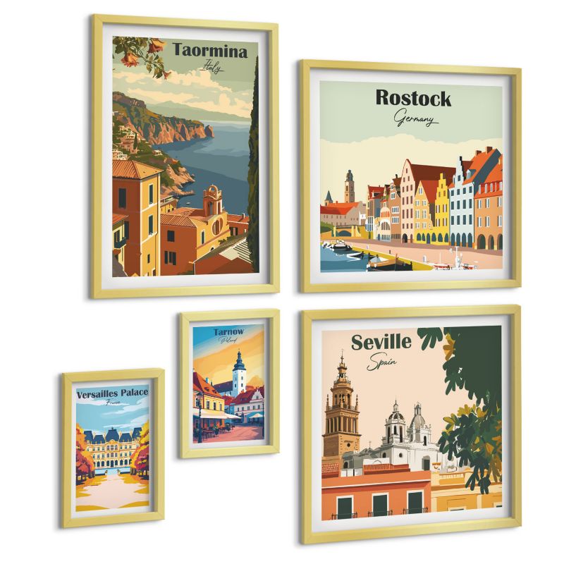 Zestaw Obrazów 5 Częściowy ArtPrintCave (2x50x50+2x20x30+40x60cm) Złota rama Grafiki miast w stylu retro 1 kpl.