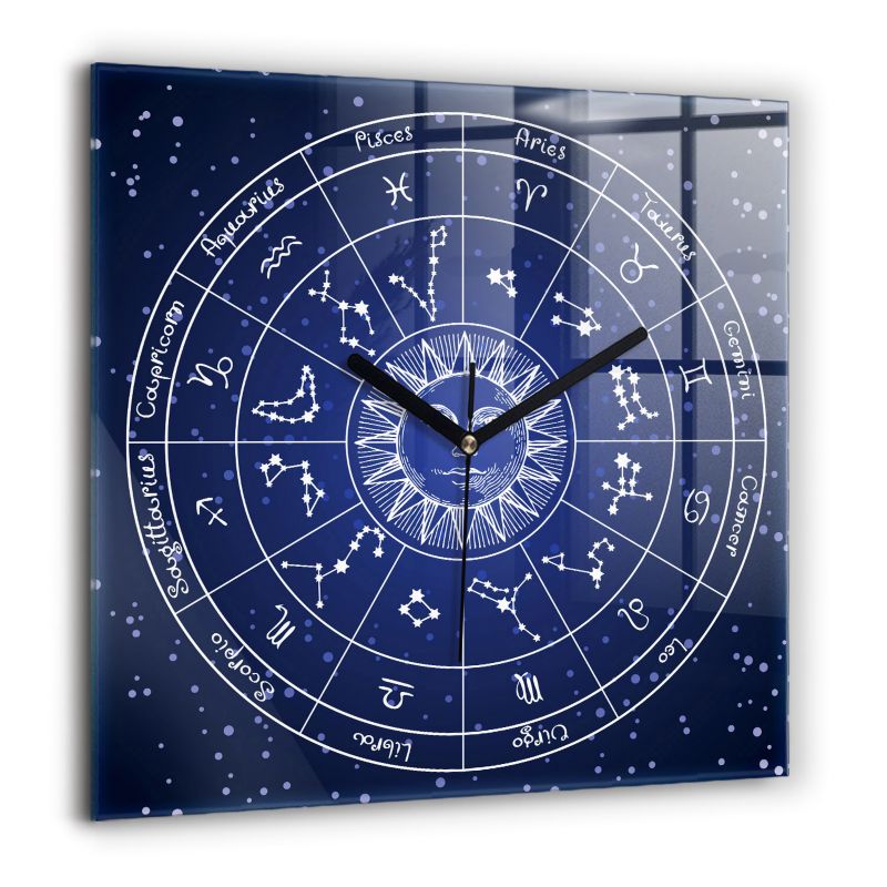 Zegar szklany czarne wskazówki Wallfluent 60x60 cm Gwiazdozbiory niebieskie zodiaków 1 szt.