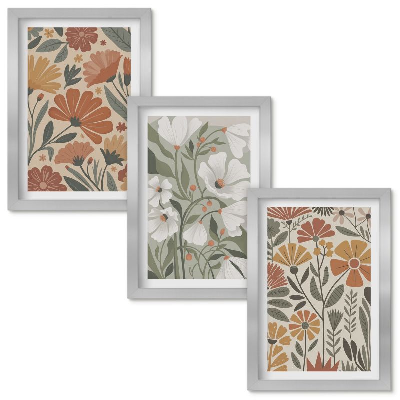 Set Obrazów w Ramie Wallfluent Kwiatowe wzory pomarańczowe zielone Srebrna rama 20x30cm 3 szt.
