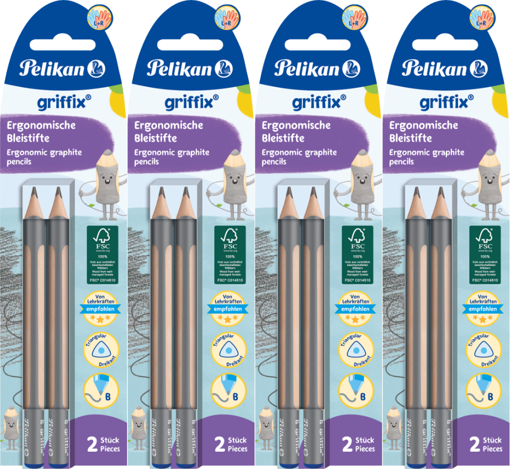 4x Ołówek Pelikan Griffix, B, dla prawo- i leworęcznych, 2 sztuki, blister, szary