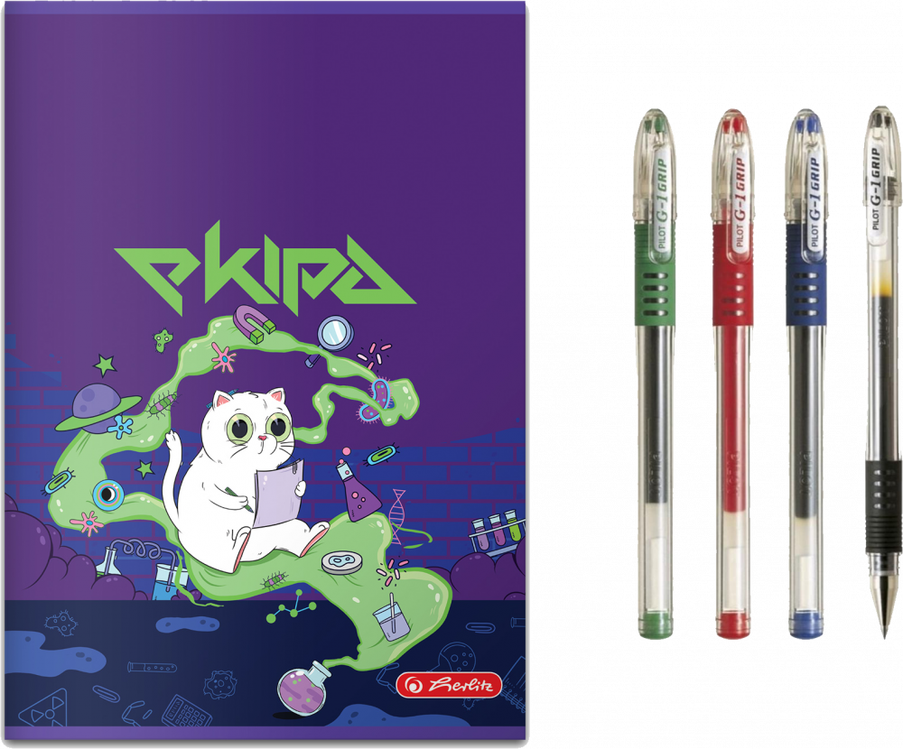 Zestaw Zeszyt w linie Ekipa, A5, 60 kartek, mix wzorów + 4x Pióro żelowe Pilot, G1 Grip, 0.5mm