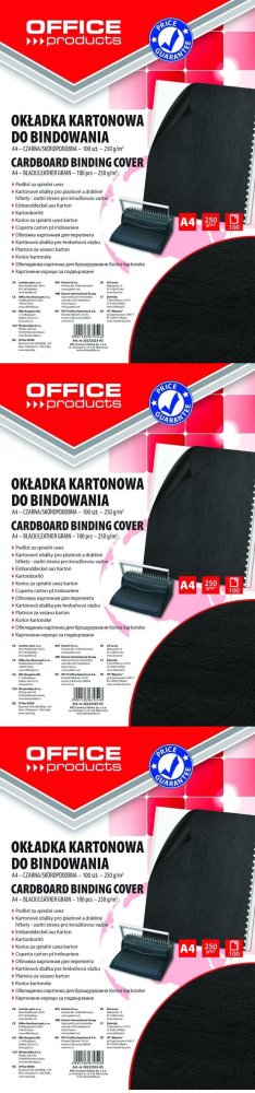 3x Okładki do bindowania Office Products, A4, 250g/m2, skóropodobne, 100 sztuk, czarny