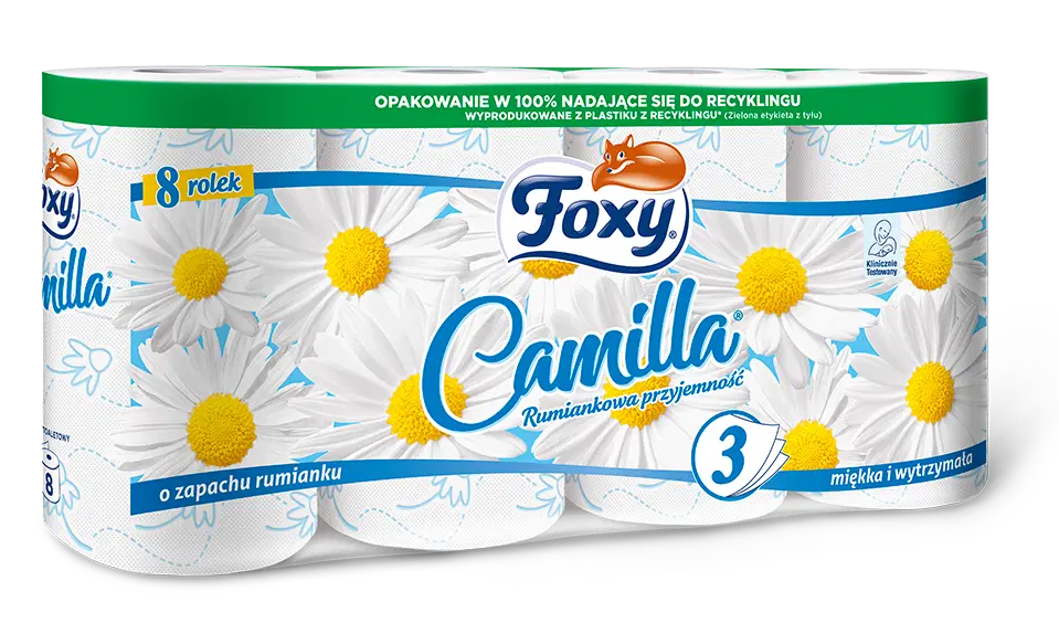 Papier toaletowy Foxy Camilla, rumiankowy, 3-warstwowy, 8 rolek, biały