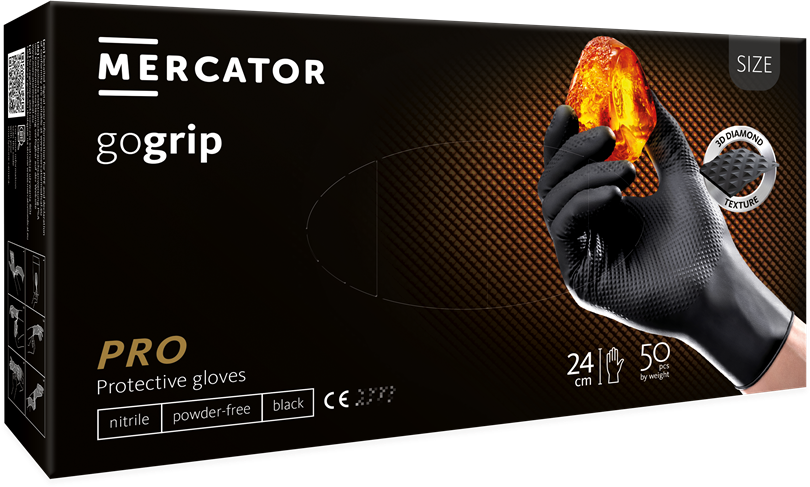 Rękawiczki nitrylowe jednorazowe Mercator Medical GoGrip, bezpudrowe, grube, rozmiar M, 50 sztuk, czarny