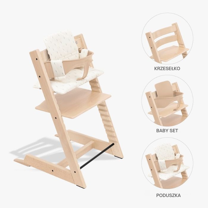 Stokke Tripp Trapp Bundle - krzesełko do karmienia + zestaw Baby Set V2 + poduszka Classic-Natural, Wheat Cream