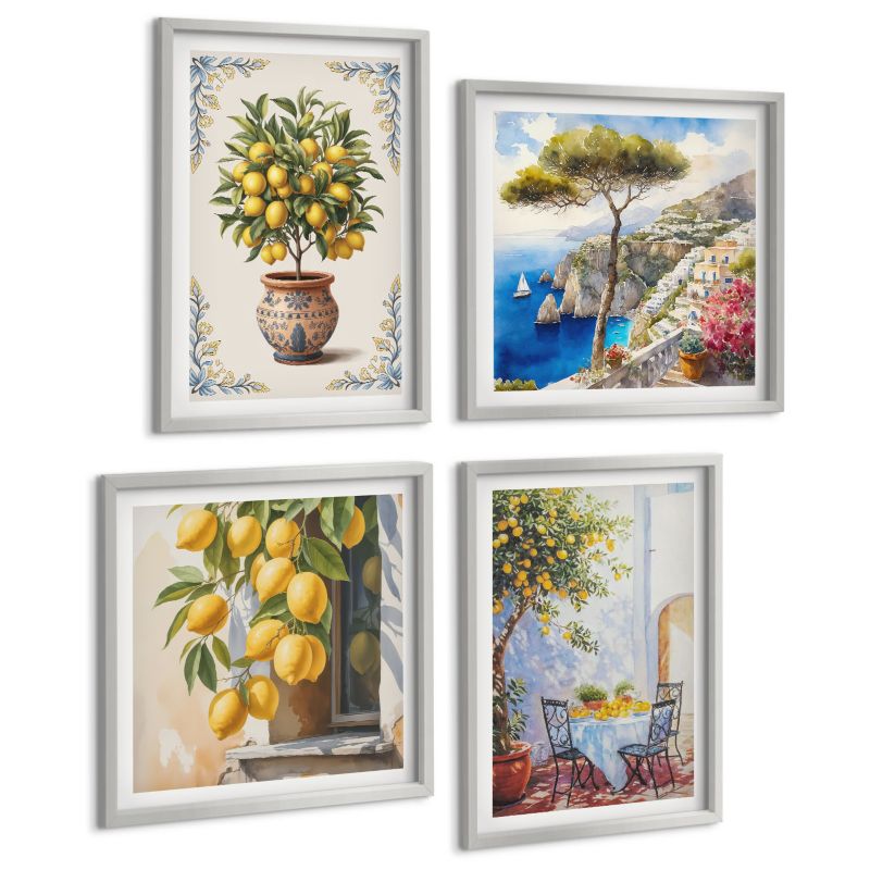 Zestaw Obrazów 4 Częściowy ArtPrintCave (2x50x50+2x40x60cm) Srebrna rama Cytrynowe drzewa w słońcu 1 kpl.