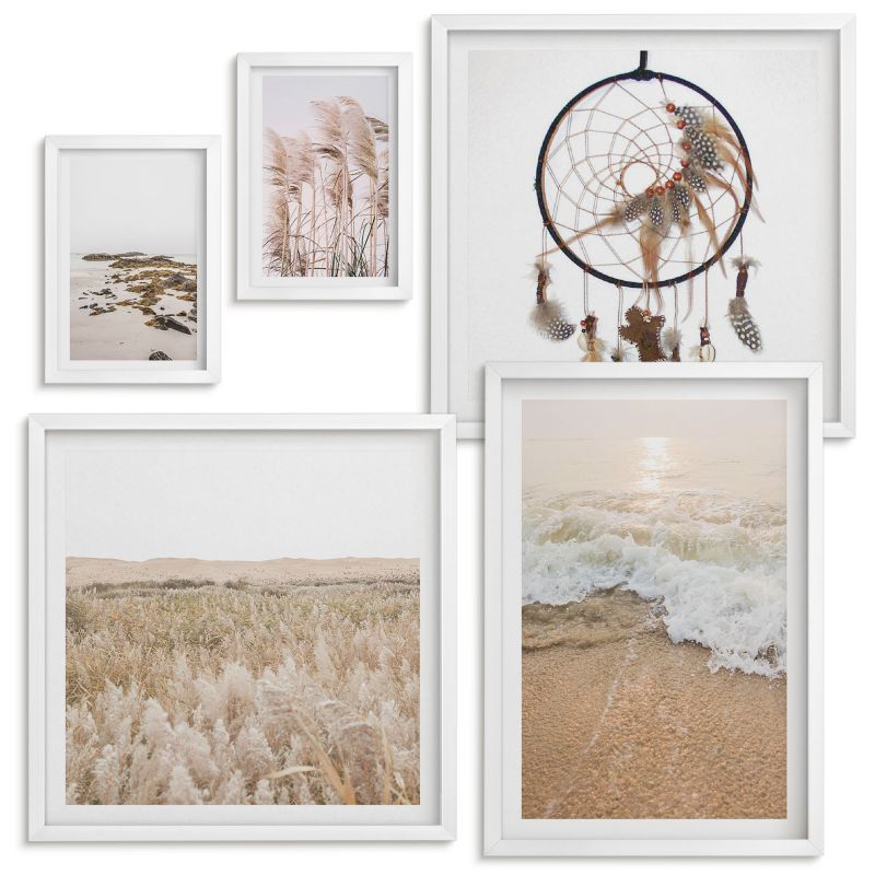 Galeria Obrazów Na Ścianę Wallfluent Plażowe trawy fale kamienie boho Biała rama 5 szt.