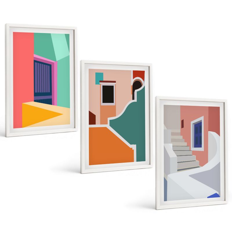 Zestaw Obrazów 3 Częściowy ArtPrintCave Białe Ramki 40x60 cm Dekoracja do Sypialni Kolorowe ilustracje budynków 1 kpl.