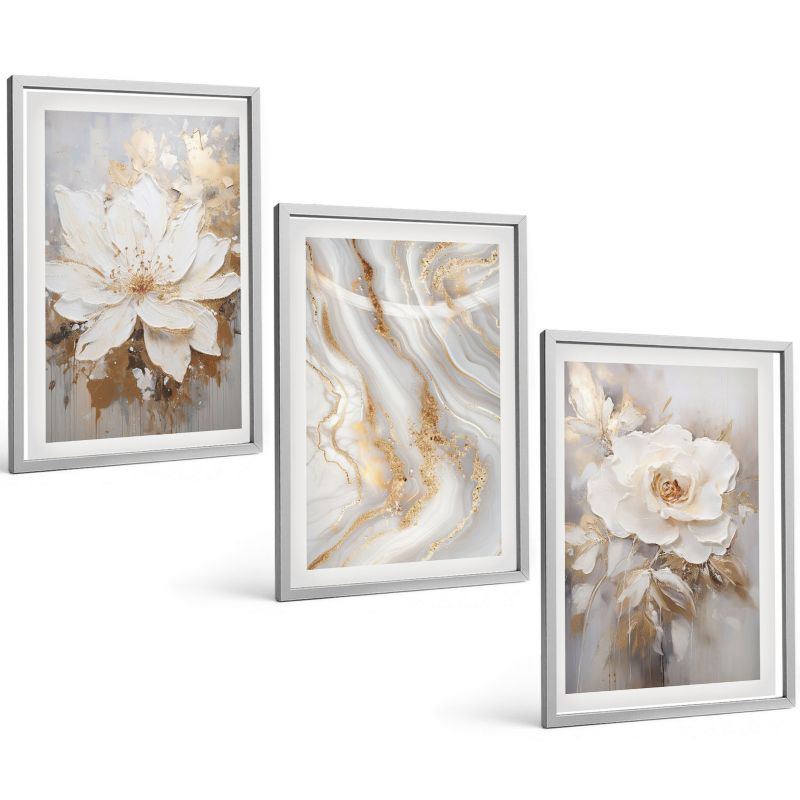 Zestaw Obrazów 3 Częściowy ArtPrintCave Srebrne Ramki 40x60 cm Dekoracja do Sypialni Kwiaty abstrakcyjny marmur 1 kpl.