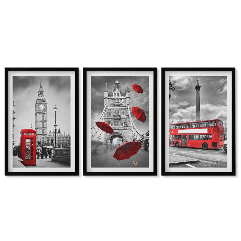 Obrazy w czarnej ramie Tulup 40x60 cm Czerwona budka parasolka i autobus Londyn Tryptyk 1 kpl