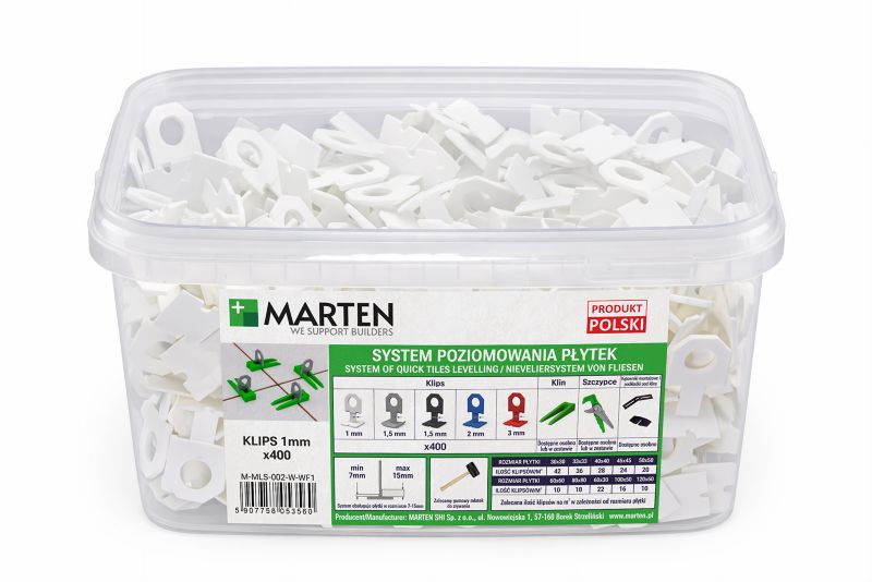 System poziomowania płytek MARTEN MLS klips biały 1 mm 400 szt.