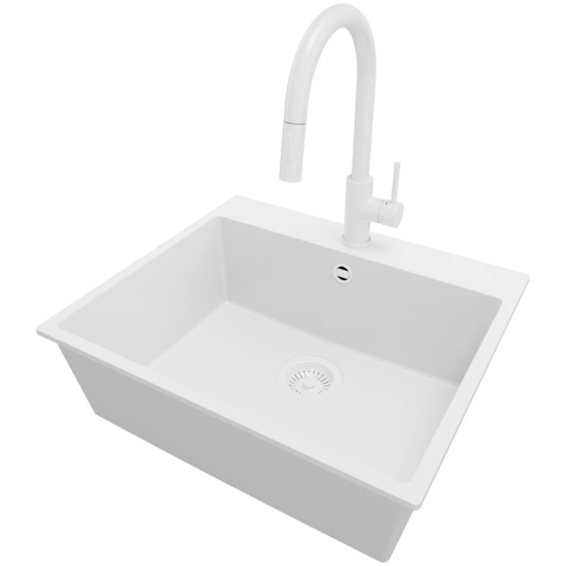 Zlewozmywak Granitowy Ryga PRIMAGRAN Nablatowy 58x50cm do Szafki od 60cm, Cały Biały + Bateria 40x20cm + Syfon, S326, 1 szt.