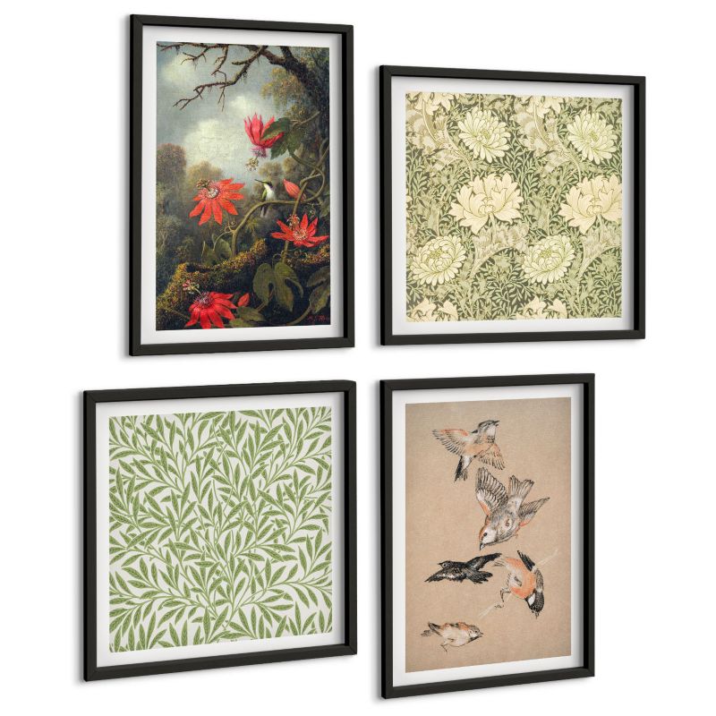 Galeria 4 Obrazów ArtPrintCave (2x50x50+2x40x60cm) Czarna rama Kwiaty ptaki w otoczeniu przyrody 1 kpl.