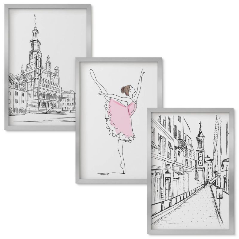 Obraz Ścienny Zestaw Wallfluent Stylowe baletnice i architektura Srebrna rama 40x60 cm 3 szt.