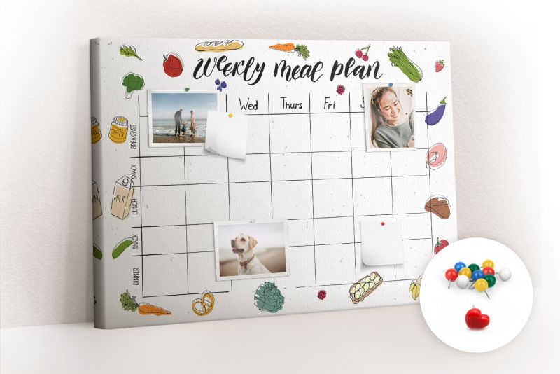 Korkowa Tablica Tulup 100x70 cm Menu na cały tydzień Do przypinania notatek Pinezki kolorowe 1 kpl