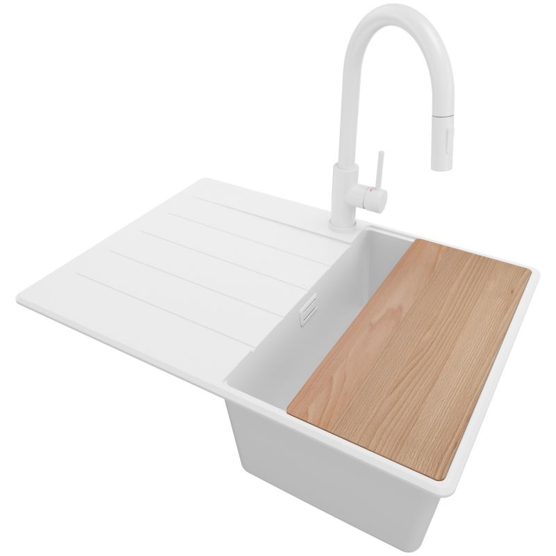 Zlewozmywak Granitowy Kopenhaga Top PRIMAGRAN Nablatowy 70x50cm, Cały Biały + Bateria + Syfon + Akcesorium, S172, 1 szt.