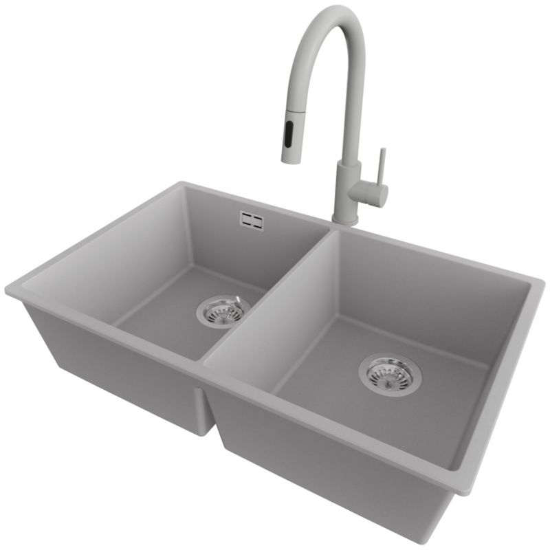 Zlewozmywak podblatowy Londyn Twin PRIMAGRAN 76x47cm do Szafki od 80cm, Szary + Bateria 40x20cm + Syfon, S023, 1 szt.