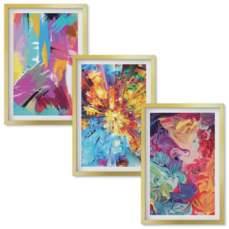 Zestaw obrazów Wallfluent Kolorowe abstrakcje farb wzory Złota rama 40x60 cm 3 szt.