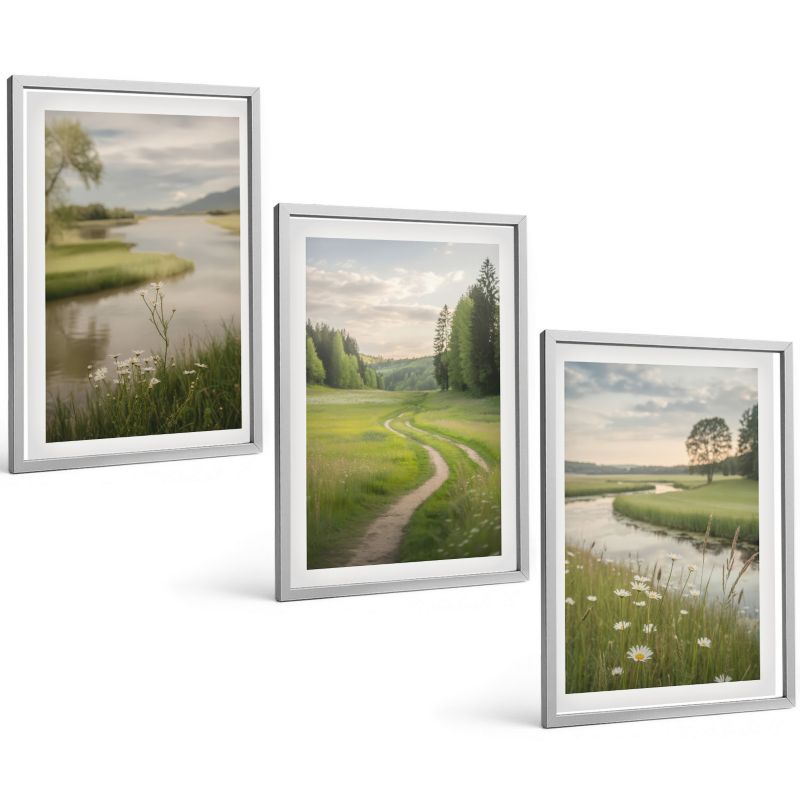 Trzyczęściowy Zestaw Obrazów ArtPrintCave 40x60 cm Srebrna rama Krajobrazy lata rzeka łąka kwiatów 1 kpl.