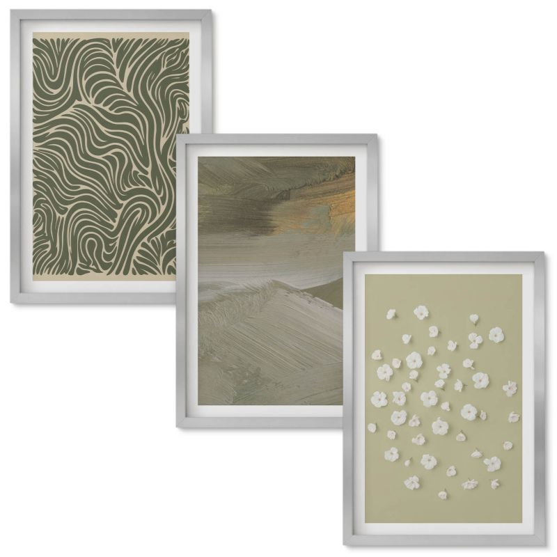 Set Obrazów w Ramie Wallfluent Wzory faliste abstrakcyjne kwiaty Srebrna rama 40x60 cm 3 szt.