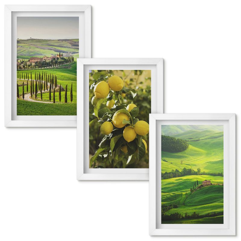 Zestaw obrazów Wallfluent Włoskie cytrusy i wzgórza Biała rama 20x30cm 3 szt.