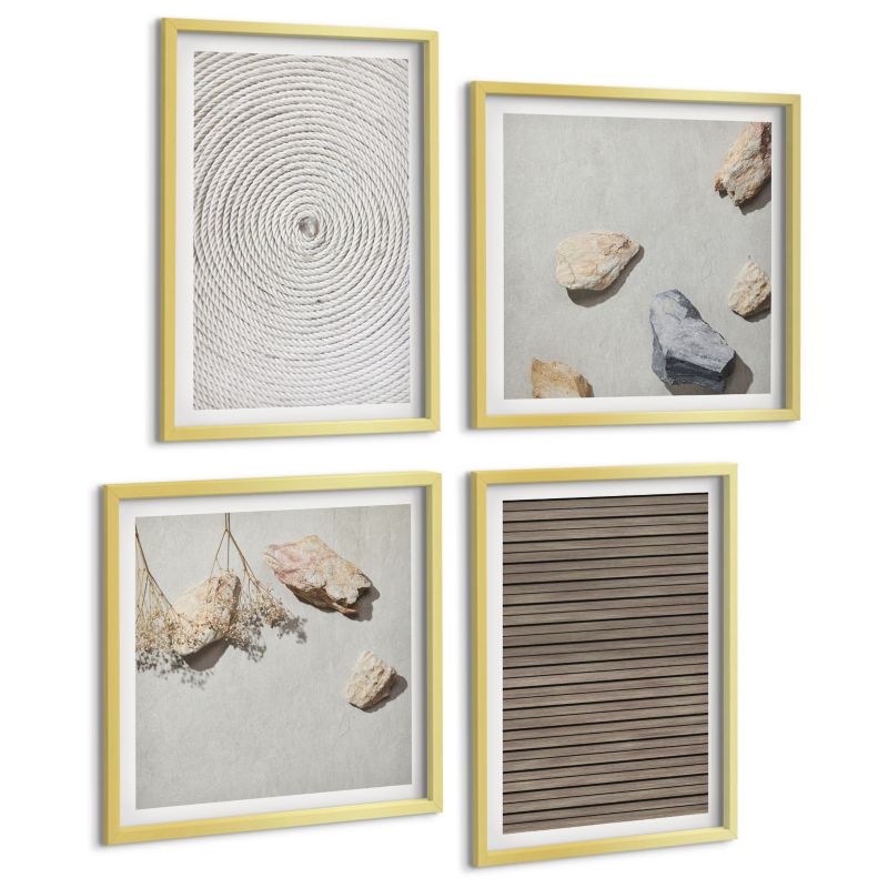 Czteroczęściowy Zestaw Obrazów ArtPrintCave (2x50x50+2x40x60cm) Złota rama Naturalne tekstury drewno kamienie 1 kpl.