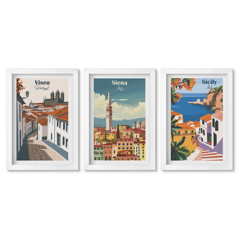 Obrazy w białej ramie Tulup 20x30 cm Retro ilustracje miast świata Obrazy w białej ramie 1 kpl