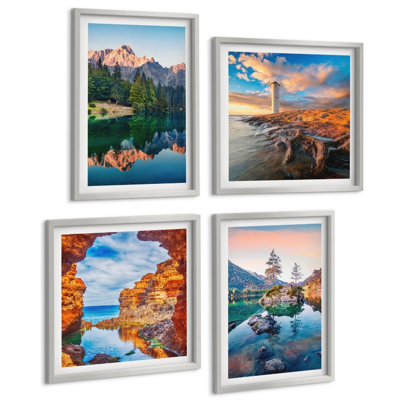 Zestaw 4 Obrazów ArtPrintCave (2x50x50+2x40x60cm) Srebrna rama Górskie jeziora odbicie skały 1 kpl.