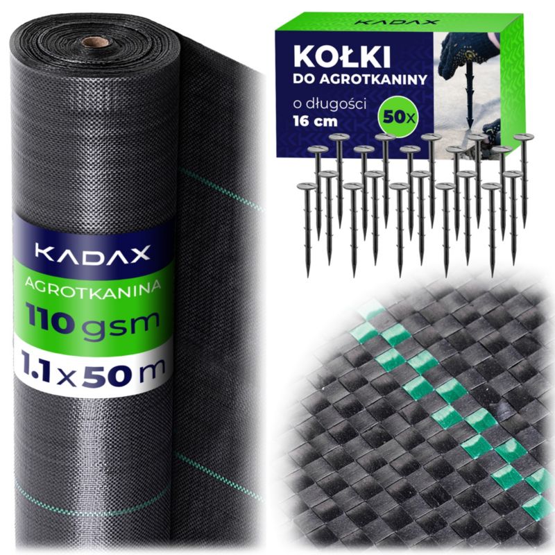 Agrotkanina KADAX ogrodowa 110g 1.1 x 50 m do sadzenia czarna UV + 50 kołków, 1 szt.