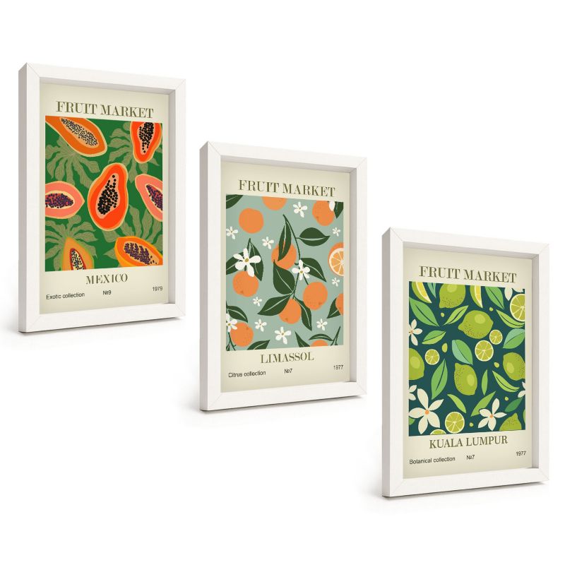 Komplet 3 Obrazów w Białej Ramie ArtPrintCave 20x30 cm Grafika Ścienna Owocowe vintage postery 1 kpl.