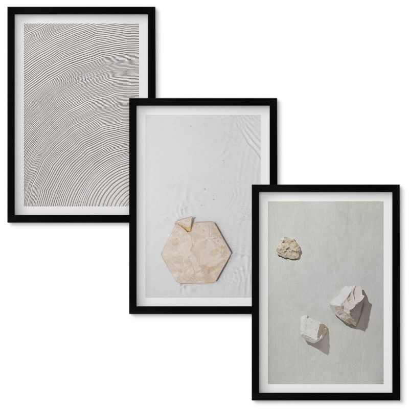 Zestaw obrazów Wallfluent Jasne tekstury piasku boho Czarna rama 40x60 cm 3 szt.