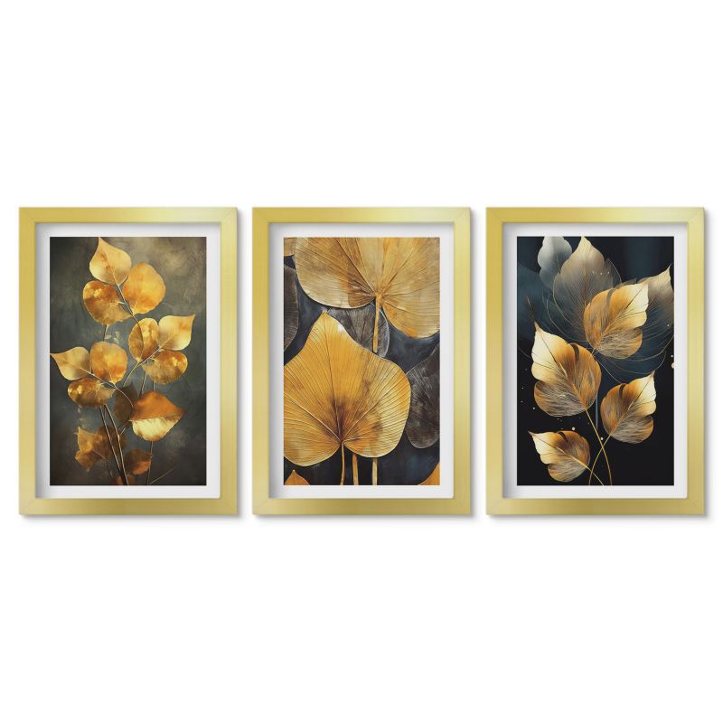 Zestaw 3 obrazów w złotej ramie Tulup 20x30 cm Liście żółte ciemne tło Galeria ścienna 1 kpl