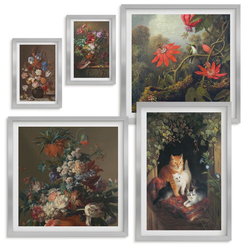 Galeria Obrazów Na Ścianę Wallfluent Vintage kwiaty koty rośliny Srebrna rama 5 szt.