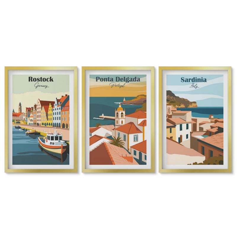 Tryptyk w złotej ramie Tulup 40x60 cm Widoki miast nadmorskich Europy Tryptyk 1 kpl