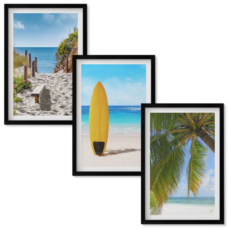 Tryptyk w Ramie Wallfluent Wakacyjne plaże fale palmy Czarna rama 40x60 cm 3 szt.