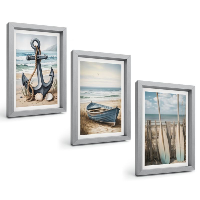 Galeria 3 Obrazów w Srebrnej Ramie ArtPrintCave 20x30 cm Komplet ścienny Kotwica łódka wiosła plaża 1 kpl.