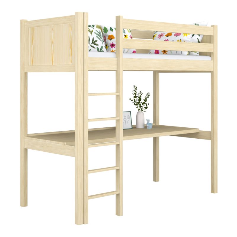 Drewniane łóżko N-WOOD na antresoli z biurkiem N06 sosna bezbarwna 90x200 1szt.