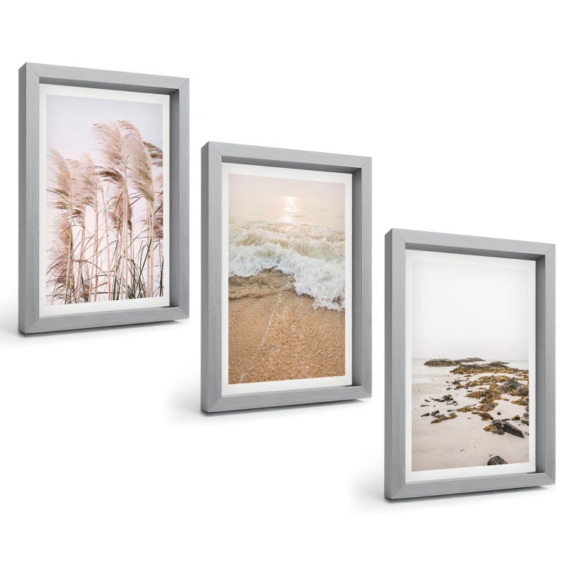 Galeria 3 Obrazów w Srebrnej Ramie ArtPrintCave 20x30 cm Komplet ścienny Plażowe trawy fale kamienie boho 1 kpl.