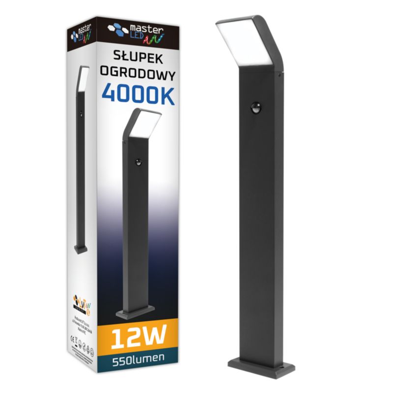 Lampa ogrodowa LED z czujnikiem ruchu MasterLED Clark 80cm 12W stojąca słupek zewnętrzny czarny IP54 1 szt.