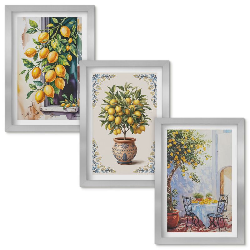Tryptyk Obrazów w Ramie Wallfluent Cytrynowe drzewa owoce słońce Srebrna rama 20x30cm 3 szt.