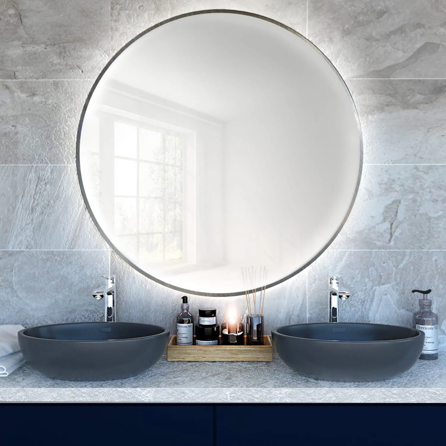 Lustro LED Bright Round Srebrne Zimne 80x80 cm