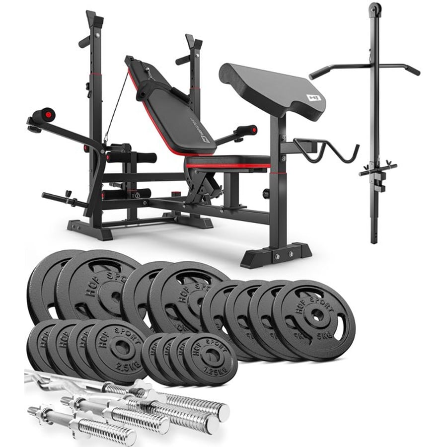Ensemble d’haltères en fonte 76 kg avec banc de musculation HS-1075 et poulie haute
