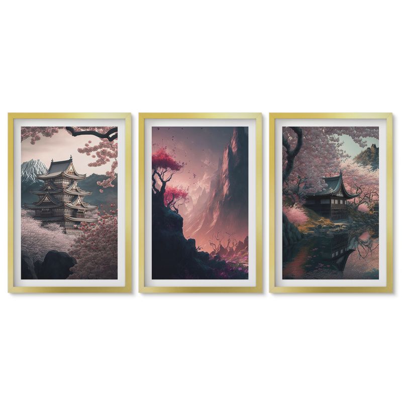 Zestaw 3 obrazów w złotej ramie Tulup 40x60 cm Krajobrazy fantasy Japonii gór Obrazy nad biurko zestaw złota rama 1 kpl