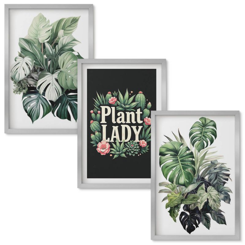 Obrazy Do Sypialni Wallfluent Rośliny tropikalne Plant Lady Srebrna rama 40x60 cm 3 szt.