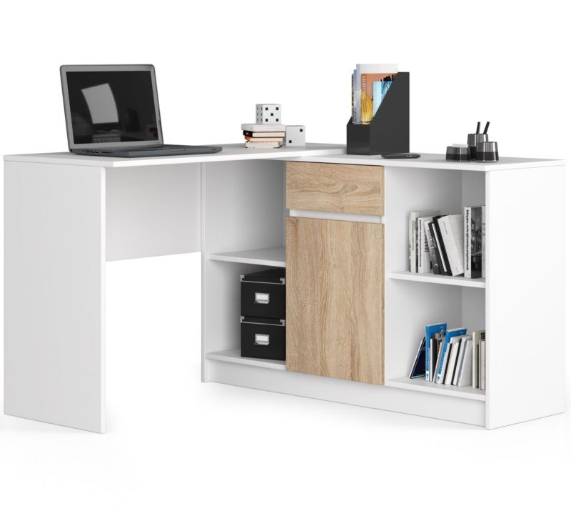 Biurko narożne Akord B17 Białe 120 cm Zestaw z komodą 1 drzwi 1 szuflada kolor Dąb Sonoma mat 6 półek 120x126x79 cm 1 szt.