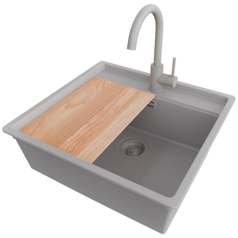 Zlewozmywak podblatowy Bergen Low Cut Top PRIMAGRAN 56x53cm do Szafki od 60cm, Cały Szary + Bateria + Syfon + Deska, S088, 1 szt.