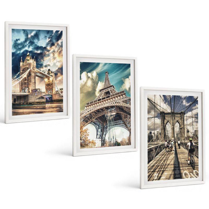 Zestaw Obrazów 3 Częściowy ArtPrintCave Białe Ramki 40x60 cm Dekoracja do Sypialni Mosty wieże europejskie miasta 1 kpl.