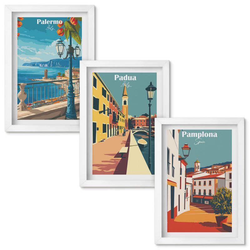 Tryptyk Obrazów w Ramie Wallfluent Miasta retro ilustracje Biała rama 20x30cm 3 szt.