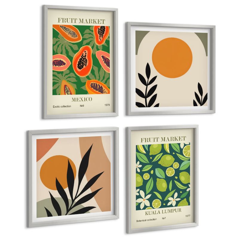 Galeria 4 Obrazów ArtPrintCave (2x50x50+2x40x60cm) Srebrna rama Boho wzory owoców papai 1 kpl.