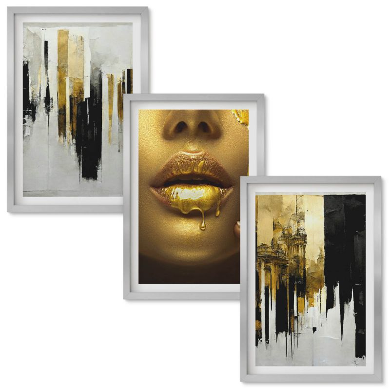 Obrazy Do Sypialni Wallfluent Abstrakcyjne malarstwo portret Srebrna rama 40x60 cm 3 szt.